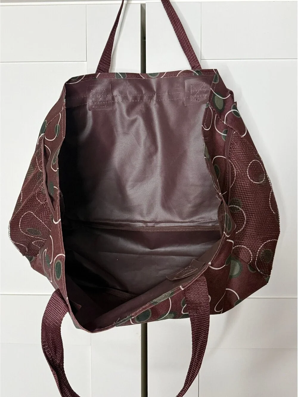 Large Burgundy Tote with Green and Cream Circular Print